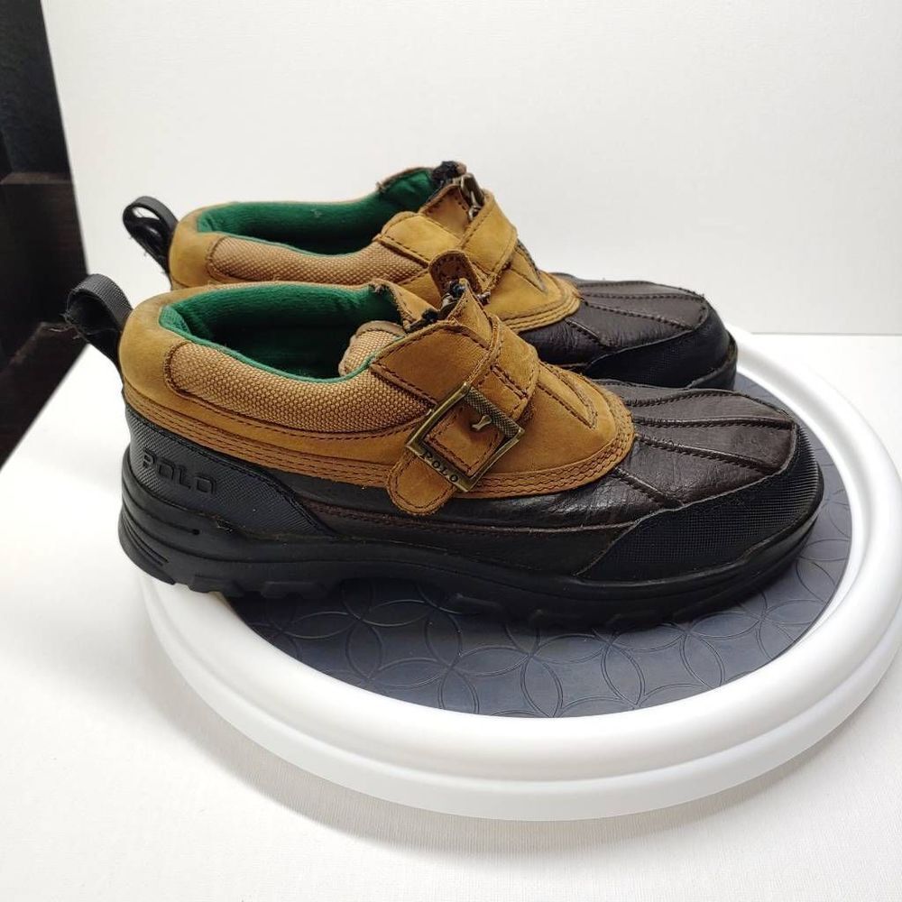 Polo Ralph Shoes Lauren Orion Zip II Boys 4 Leather Rubber Preppy Slip Ons Brown